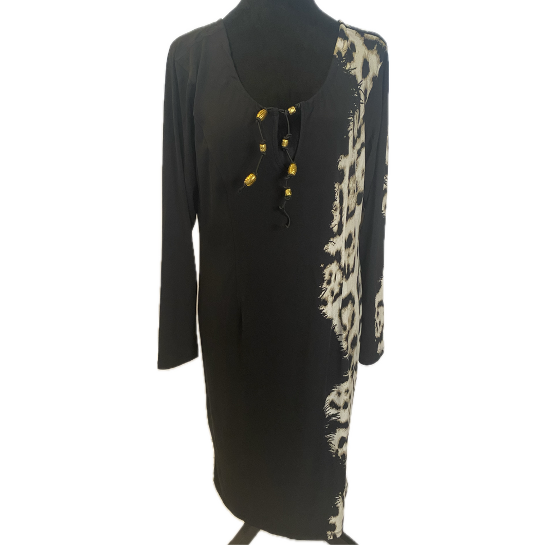 Black Dress with Pattern Sleeve and Neck Tie (NEW)