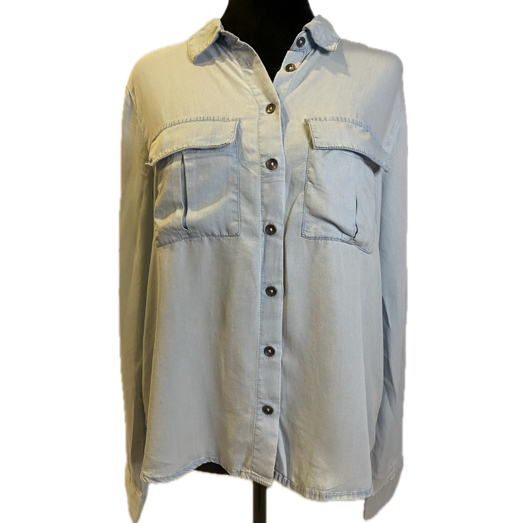 Miss Selfie Light Blue  Long Sleeve Collard Shirt (NEW)