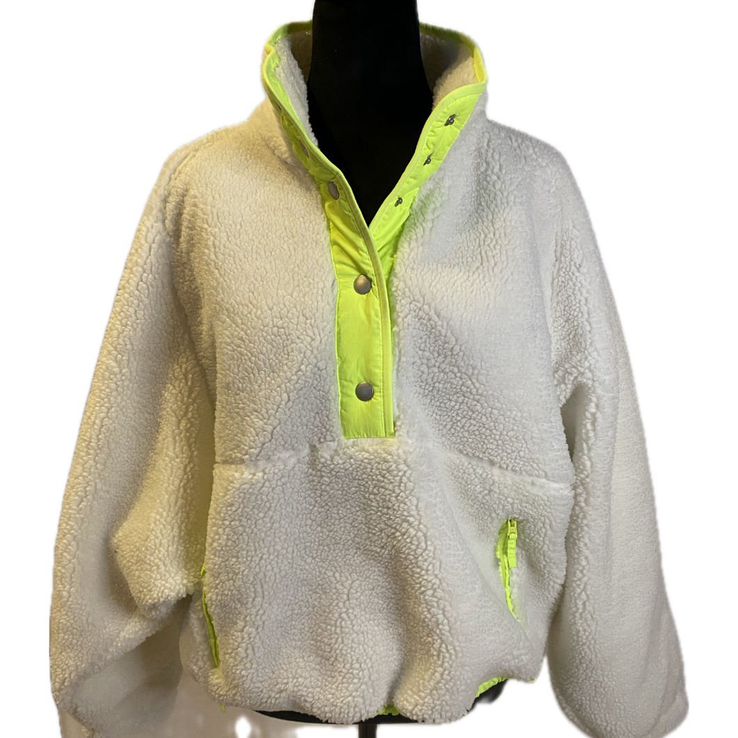 White Fleece Pullover w/Front Pockets Trimmed in Lime Green (NEW)