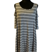 Load image into Gallery viewer, Grey and White Striped Cold Shoulder Dress (NEW)
