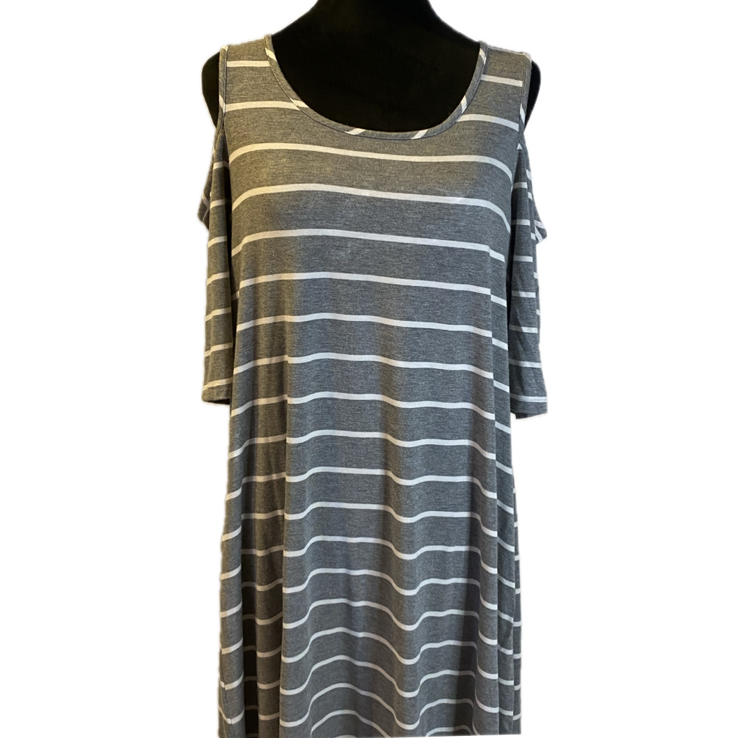 Grey and White Striped Cold Shoulder Dress (NEW)