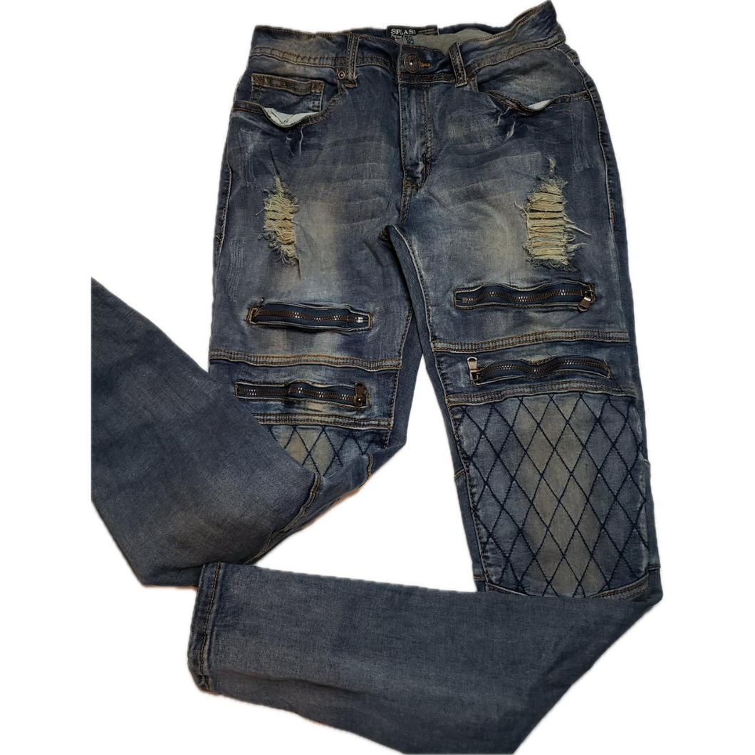 Splash Premium Collection Distressed Stretch Blue Jeans W/ Zippers (NEW)