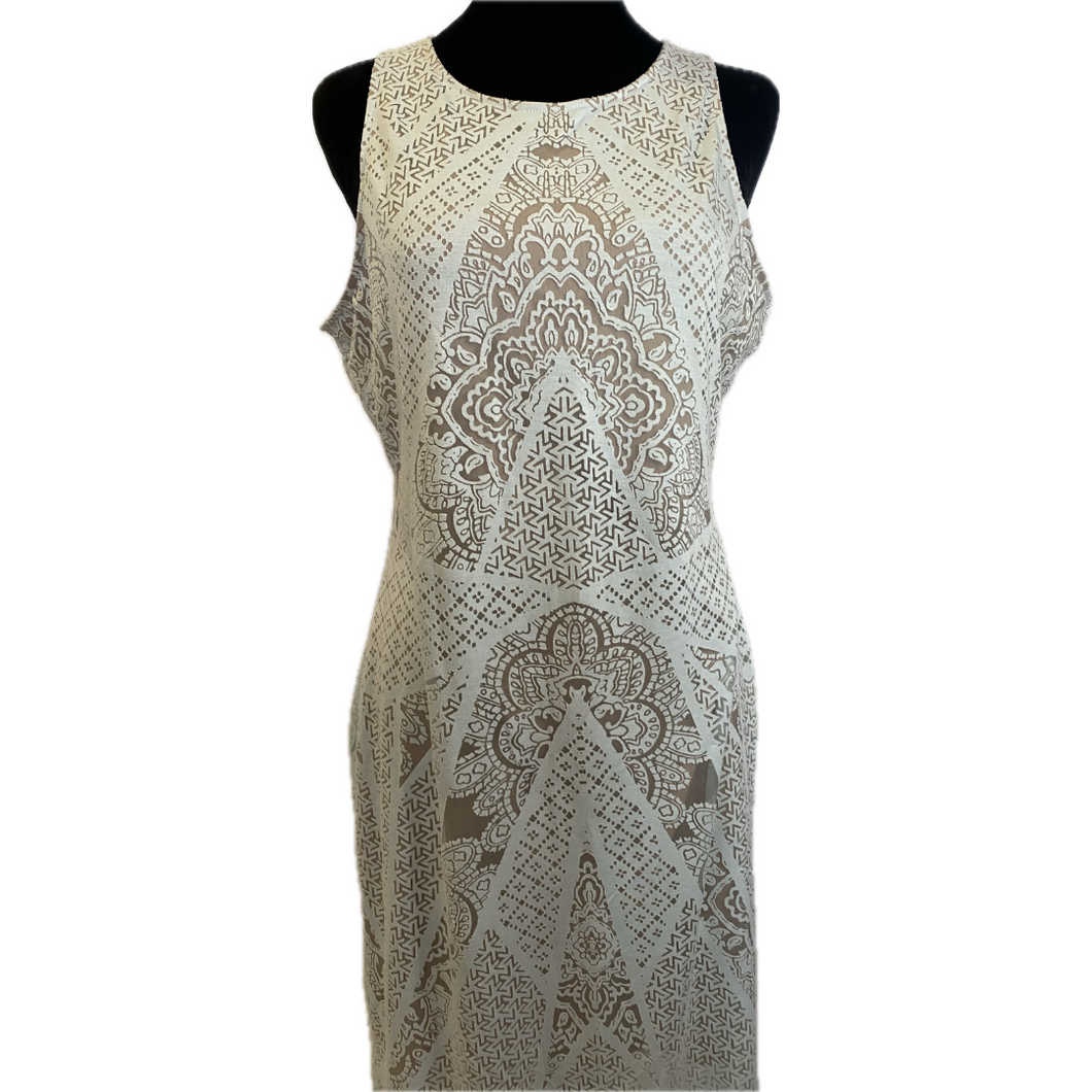 White and Tan Sleeveless Motif Dress (NEW)