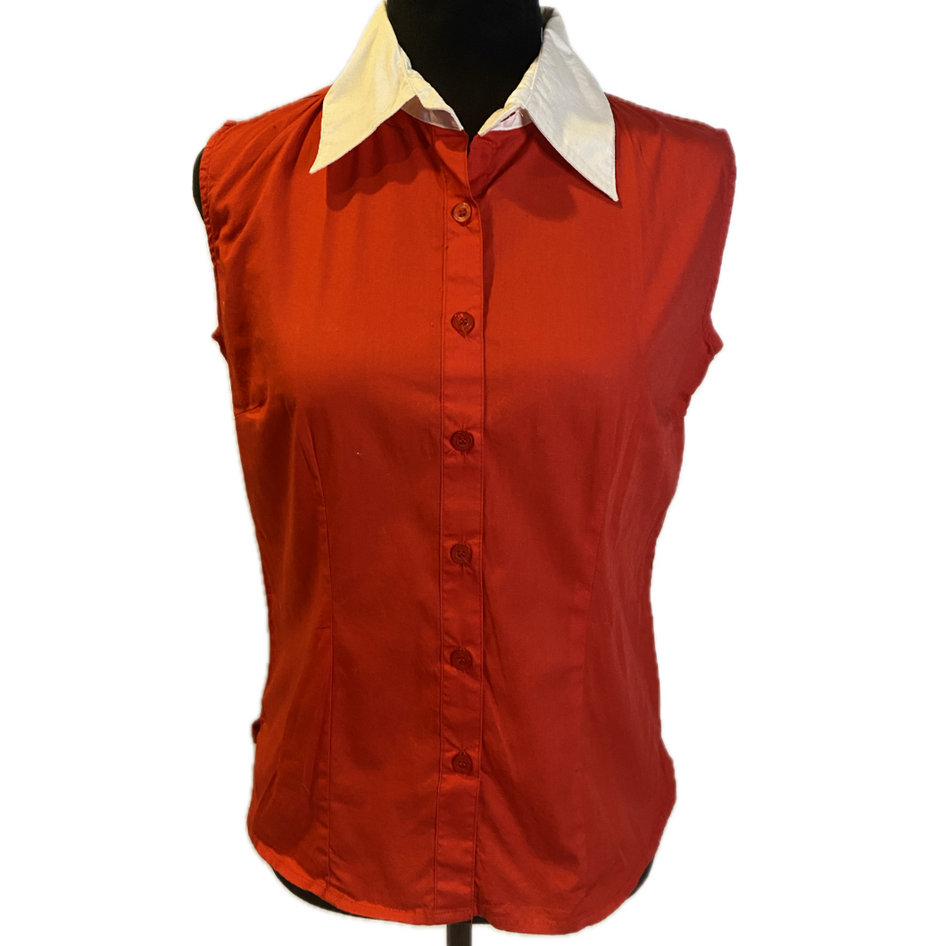 Red Cotton Sleeveless Shirt W/ White Collar (NEW)