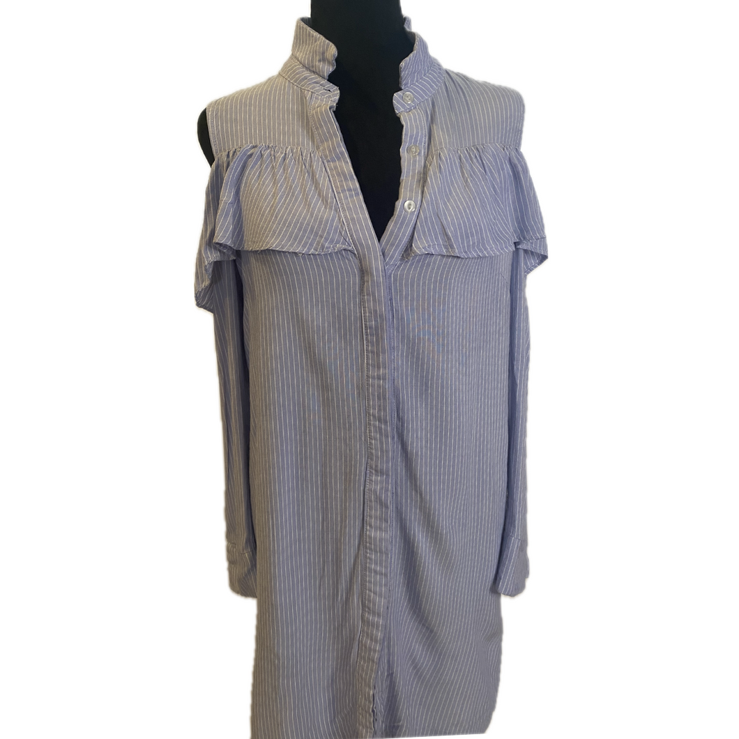 Blue and White Striped Cold Shoulder Ruffle Top (NEW)