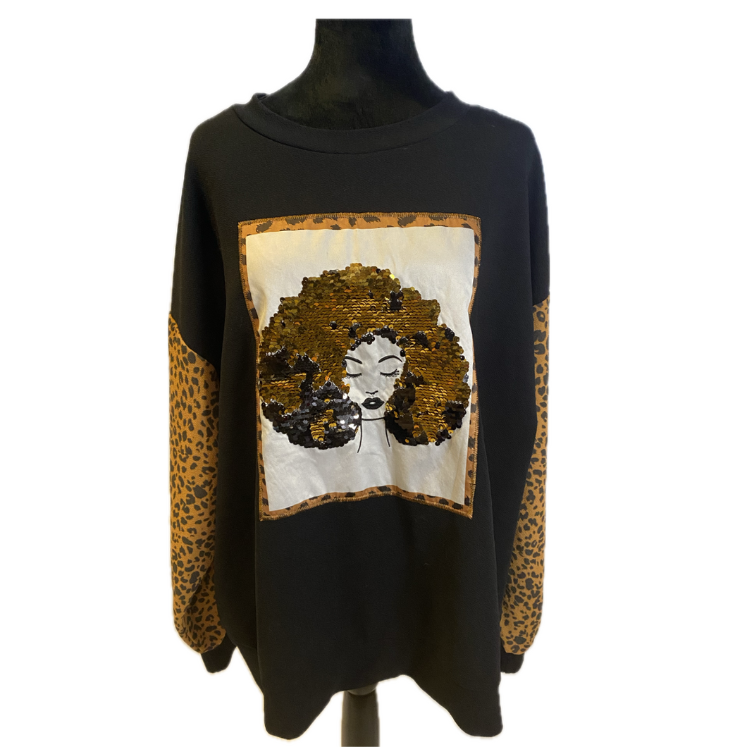 Long Sleeve Black Shirt W/ Leopard Sleeves (Pre-Loved)