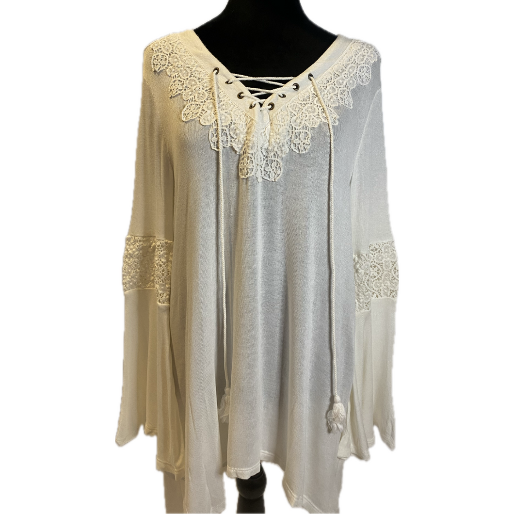 Kate & Mallory Off White Blouse W/ Wide Sleeves & Front Tie (New)