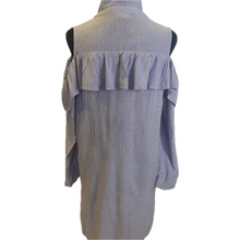 Load image into Gallery viewer, Blue and White Striped Cold Shoulder Ruffle Top (NEW)
